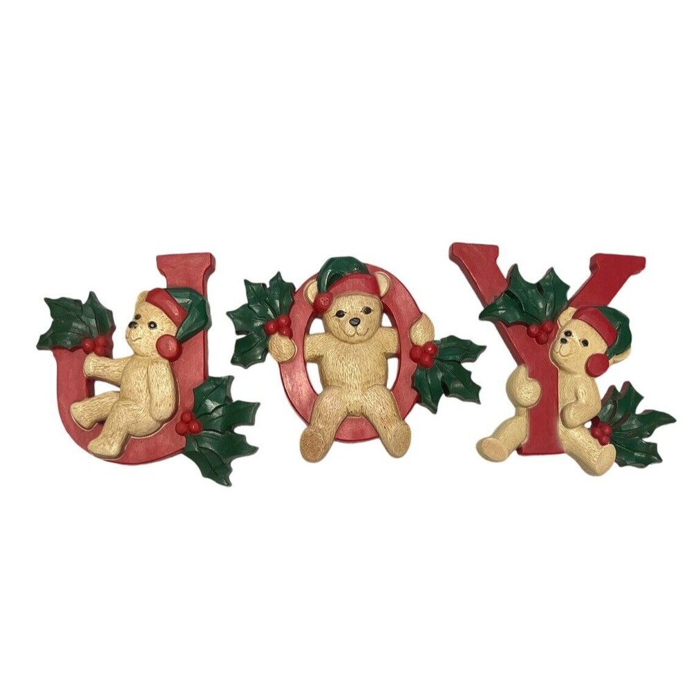 Homco Christmas JOY 3pc Teddy Bears Wall Hanging Decor Holly & Berries 7610 Vtg